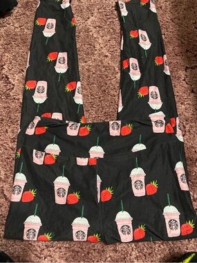 Black Leggings with Pink Strawberry Drink Print